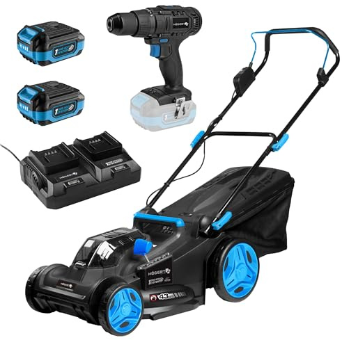 HÖGERT TECHNIK - Set cortacésped con batería 43 cm 2x18V con Taladro Atornillador 50 NM, 2X baterías de 4,0 Ah y Cargador Duo, cortacésped eléctrico sin escobillas Set Completo para jardín y Taller