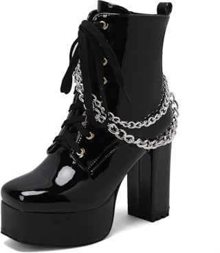 TNMIUH Bottes Plateforme Gothique pour Femmes, Bottines à Talon Bloc de 11.5cm avec Chaîne, Bottes de Combat en Cuir Verni avec Fermeture Éclair, Noir Blanc Rose,Noir,38.5 EU