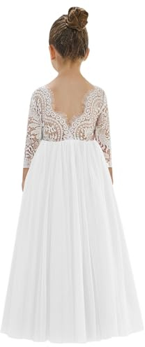 2Bunnies Girl Peony Lace Back A-Line Straight Tutu Tulle Party Flower Girl Dress (White Long Sleeve Maxi, 4YRS)