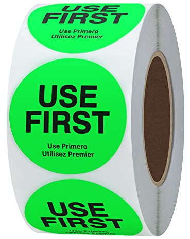 Hybsk USE First Stickers Food Service FIFO - Etiqueta para gestión de inventario de restaurantes, 1.5 pulgadas, total 500 etiquetas por rollo (verde fluorescencia)