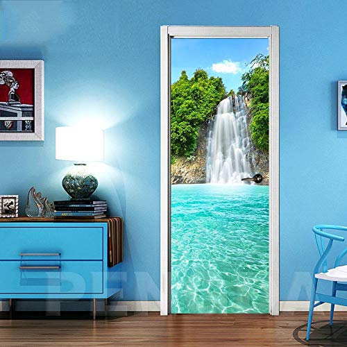 XXXCH 3D Türbild -Wasserfall Baumlandschaft 77x200cm Türtapete Selbstklebend Wasserdicht PVC TürPoster Fototapete Holzwand Türaufkleber Wandbild Für Tür Wohnzimmer Schlafzimmer Küche Und Bad