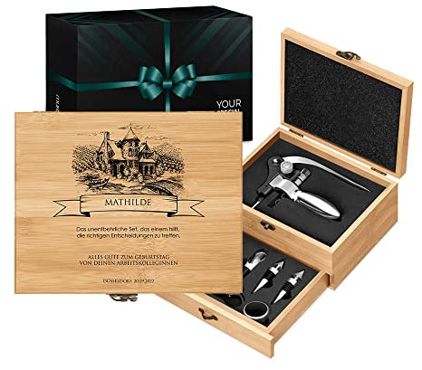 Maverton Weinöffner-Set personalisiert Weinset Sommelier Set - Geschenkbox Holzbox + 8er Weinzubehörset - aus Bambus - Braun - Geschenk zum Geburtstag für Frauen - Das unentbehrliche Set