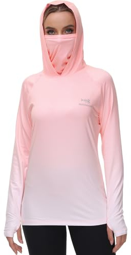 Bassdash FS23W kvinnors UPF 50+ fiske huvtröja skjorta med ansiktsmask tumhål, Persika spot gradient, XL