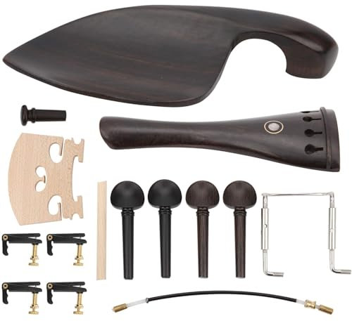 Agatige 4/4 Violin Ebenholz Zubehör, 15 Stück Kit beinhaltet Kinnhalter ohne Loch Saitenhalter 4 Stimmwirbel ohne Loch Endstift Saitenhalter 4 Stimmgerät Stimmstock Steg Schraube für Kinnhalter