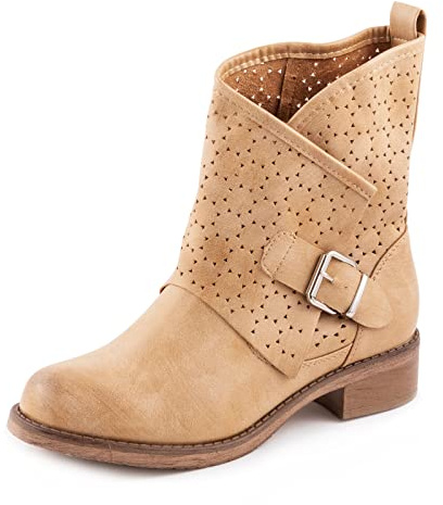 Toocool Botas bajas para mujer biker motociclista anfibios con hebilla perforadas G630, beige, 36 EU