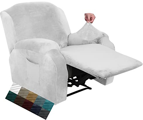 CHELZEN Funda de Sillón Relax Terciopelo, Fundas Sofá Elásticas para sillón, Funda Reclinable de 4 Piezas con Bolsillos Laterales (Blanco)