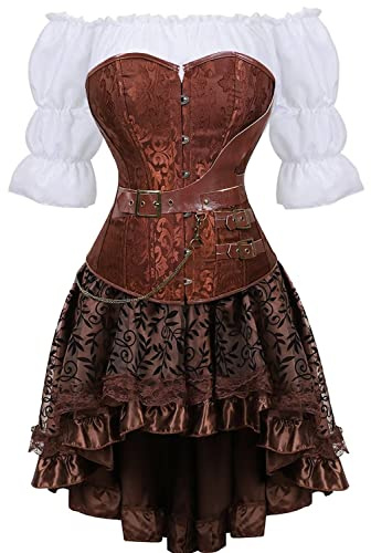 Corset klänning kjol Tutu Set kvinnor Steampunk Gotiska Punk Bustier pirat kostym Halloween plus storlek Brun L