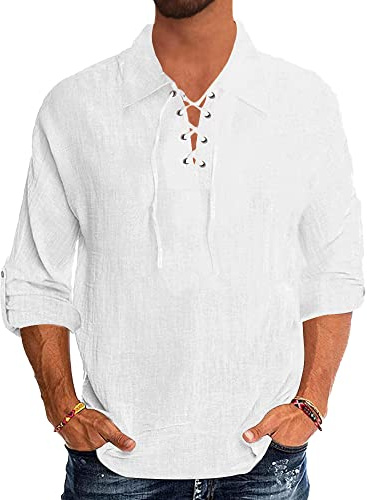 YAOBAOLE Chemise Manche Longue en Lin pour Homme, Vintage Médiévale Vétements Viking a Lacets Pirate Shirt
