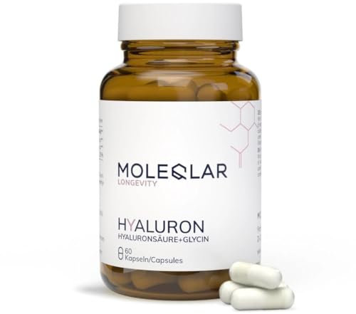 MoleQlar Hyaluron Kapseln - 60 Stück Hyaluron, Glycin und Vitamin C im Komplex - unterstützt Bindegewebe und Haut - hochmolekulare, vegane Hyaluronsäure (2000 kDa)