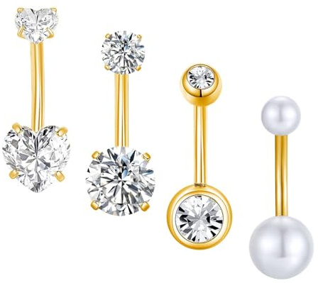 Gojewen 4piezas piercing ombligo 12mm piercing ombligo acero quirurgico Oro Corazón Cristal Perla ombligo Piercing Joyas