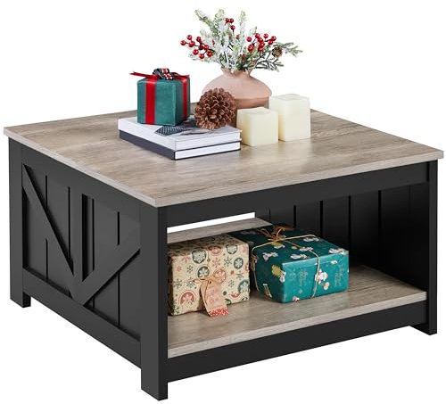 Yaheetech Wood Coffee Table, Square Coffee Table for Living Room, Tea Table with Storage Shelf for Home Office, 80×80×45 cm, Grey