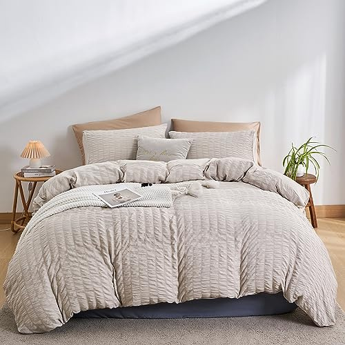 DuShow King Size påslakanset – beige, texturerat seersucker påslakan med 2 örngott, mjukt andningsbart bäddset med dragkedja – 220 × 230 cm