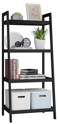 SMIBUY Bambusleiter-Bücherregal, Badezimmer-Aufbewahrungsregal-Organizer, freistehender Pflanzenständer Platzsparende Regale für Schlafzimmer, Küche, Balkon (Schwarz, 4 Ablagen (99cm H))