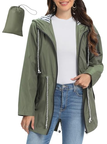 UMIPUBO Womens Waterproof Jacket Lightweight Long Rain Jacket Packable Raincoat Hooded Breathable Functional Windproof Windbreaker with Pocket for Outdoor Hiking Running Camping (Green, M)