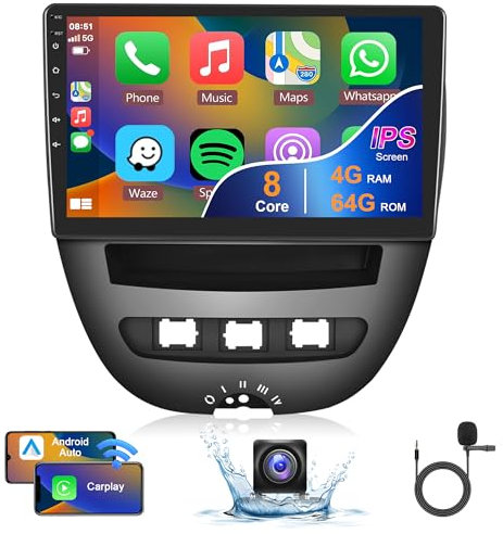 8 Core 4G+64G Android Car Stereo for Citroen C1/Peugeot 107/Toyota Aygo 2004-2014 with Carplay, Rimoody 10.1 Inch Touch Screen Car Radio with GPS Bluetooth FM RDS DSP WiFi Android Auto Backup Camera