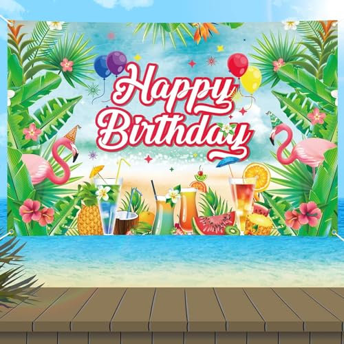 Bannière Joyeux Anniversaire Happy Birthday Decoration Banderole 115 X 180 Cm Toile de Fond Hawaii Piscine Plage pour Fête d'Anniversaire, Pool Party, Deco Tropical