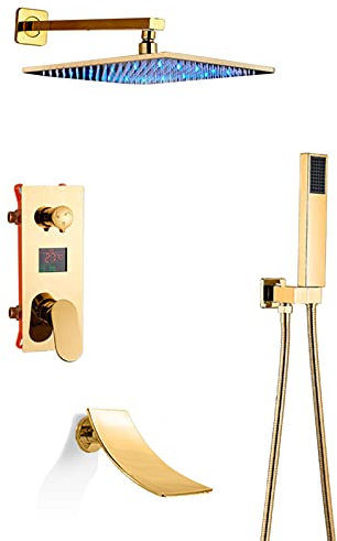 SaryEdge Set Doccia Dorato con Bocca per Vasca, soffione Doccia a Pioggia a LED con Doccia a Mano, Set di rubinetti per Doccia a Parete, Display della Temperatura a LED, 12 Pollici