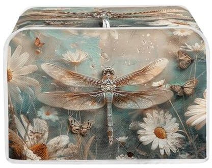 Dragonfly 2 Slice Toaster Covers, Daisy Anti-Sputtering Bread Toaster Cover Toaster Dust Cover, Washable Kitchen Appliance Protector, Champagne and Green