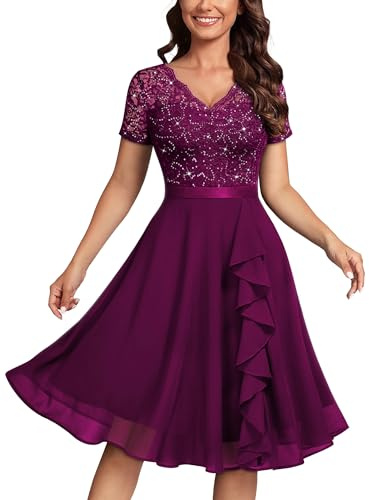MISSMAY Women's Vintage Floral Lace Sequin V-Neck Ruffle Cocktail Party Formal Fit and Flare Swing Dress (XX-Large, Maroon)