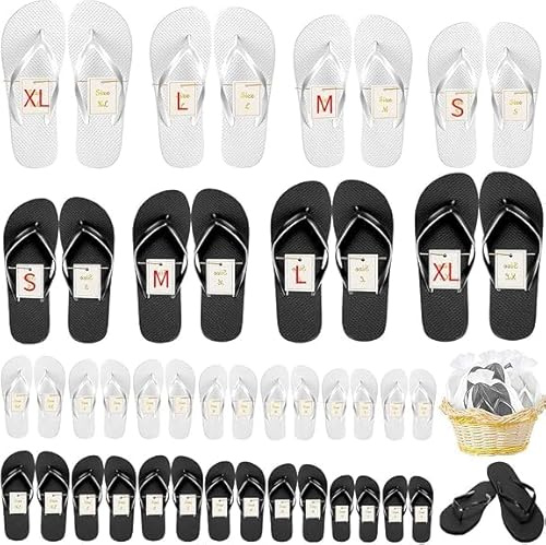 LYCN 24 paia di infradito per ospiti di nozze, feste di nozze, pantofole per hotel spa, pantofole con 4 misure, pantofole per matrimonio con schede di misura e tasche con coulisse (nero/bianco)