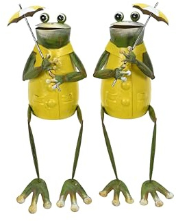 ReWu Figura de rana taburete de borde de metal con paraguas, abrigo amarillo, rana decorativa resistente a la intemperie para jardín, alféizar de ventana, balcón, figura de rana sentada