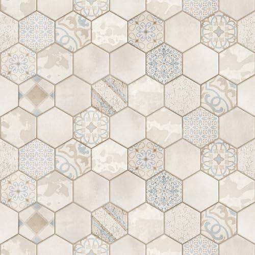 Livelynine Kitchen Backsplash Wallpaper Peel and Stick Waterproof Removable Tile Contact Paper Cottage Core Farmhouse Wallpaper for Bathroom Walls Blue Off White Cream Beige Tan Hexagon 17.5x78.8