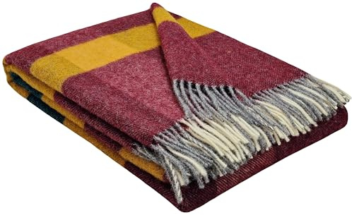 STTS International Coperta in lana vergine al 100%, disponibile in vari colori, copriletto, plaid in lana vergine Tirol, 140 x 200 cm (Giallo Senape-Verde-Rosso (Quadrati))