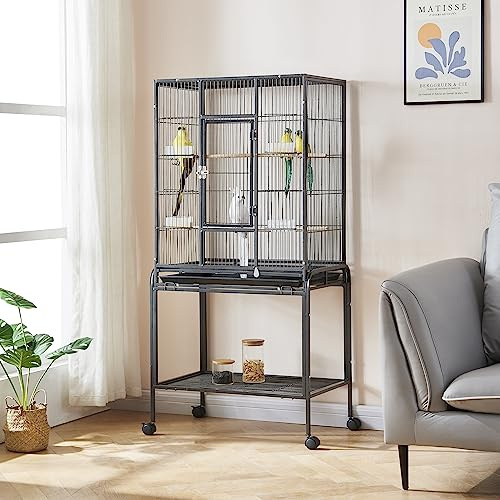 Panana 136cm Large Bird Cage Parrot Cages Wide Flight Metal Animal Cage for Cockatiel Lovebird Budgie Parakeet Durable Frame With Perch Stand and Wheels (Black)