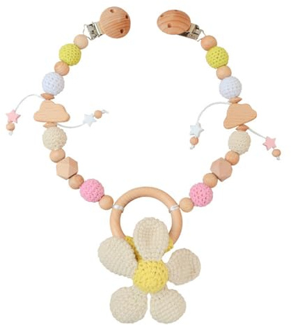 Ueiwffzo Pram Chain for Babies, Crochet Cartoon Animal Pendant Baby Mobile, Baby Toy for Flexible Hanging Pram Chain Made of Wood, Baby Toy Pram for Baby (Flowers)