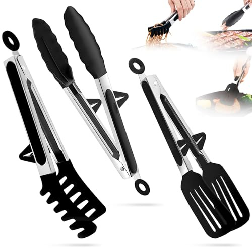 3 Pezzi Pinze da Cucina Acciaio Inox con Supporto & Manico, Pinza Barbecue Antiscivolo Alimentare, Utensili Cucina Silicone Pinza Spaghetti Antiscottatura per Insalata, Pasta, Friggitrice, BBQ
