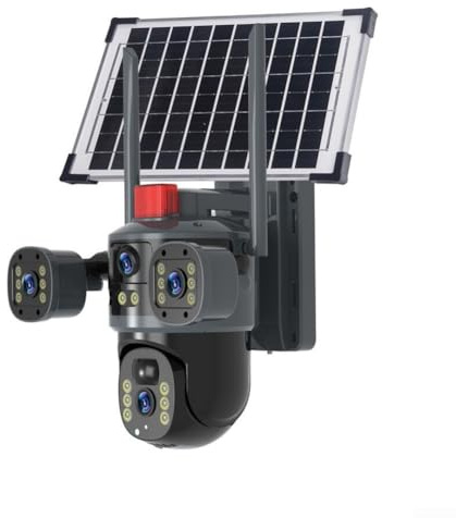 Feeshoppher Cámara de seguridad al aire libre alimentada por energía solar 8MP Lente dual 360 grados Panorámica Inclinación Vista IP66 Resistente a la intemperie 2560x1440P Video de alta resolución
