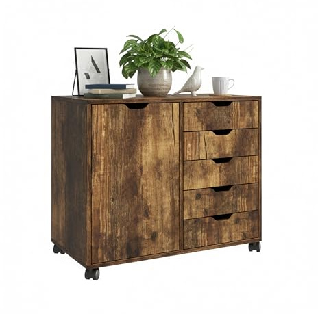 Conteneur à roulettes Relaxdays, 5 tiroirs, H x L x P : 65 x 78 x 40 cm, Armoire de Bureau, Marron