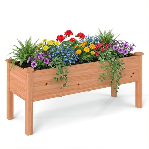 COSTWAY Upphöjd Bädd av Trä, Planteringsbädd för Barn, 120 x 43,5 x 51 cm, Växttråg med Dräneringshål, Rektangulär Örtrabatt för Trädgård, Terrass och Balkong