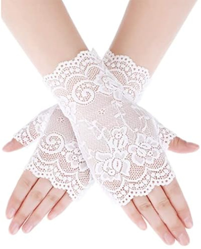 Guanti di Pizzo, Guanti in Pizzo Corto, Guanti da Lavoro da Sposa in Pizzo, Guanti Donna Eleganti, Adatti per Matrimoni e attività all'aperto, per Costumi da Tea Party(Bianco)