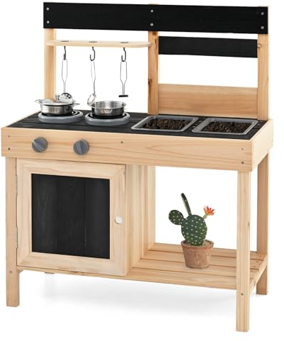 FANTASK Cucina da giardino in legno, per esterni, con 11 accessori, lavagne e 2 lavelli rimovibili, cucina all'aperto per bambini dai 2 anni in su