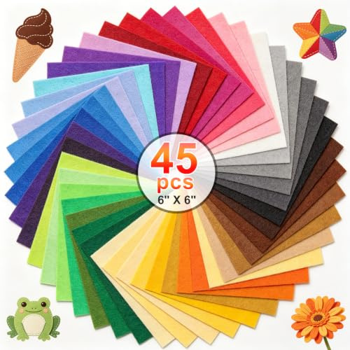Qzma 45 Pcs 6x6 Felt Sheets Fabric Stiff Felts Craft Squares | 1mm Thick Felt Fabric Nonwoven Felt for DIY Sewing, Patchwork, Decorative Projects