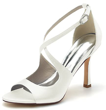 Yhsdfcn Stilettsandaler i Satin Elfenbensvit för Damer, Eleganta Peep-Toe Bröllopsskor för Fest Gala Bröllopsgäst Evening