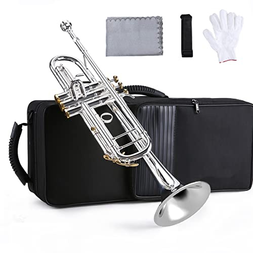 ZDETGU Professionell Bb-trumpet med 5C Silverpläterat Munstycke – Högkvalitativt Blåsinstrument i Mässing, Monel-kolvar, Tunerring, Inkluderar Handskar och Tygfodral