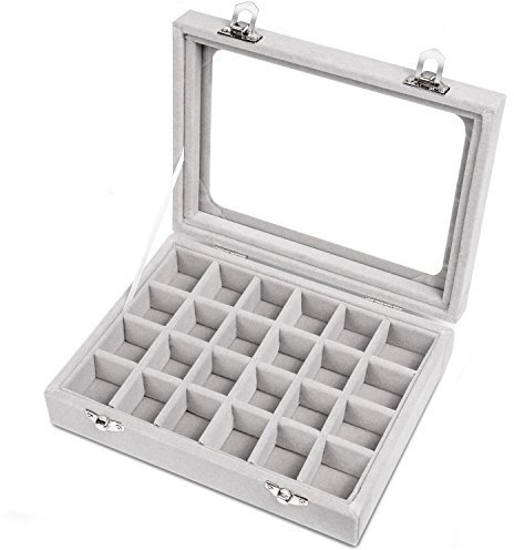 BASUWELL 24 Grid Velvet Jewelry Tray for Drawers Glass Clear Lid Showcase Display Storage Ring Trays Holder Earrings Organizer Case-Grey