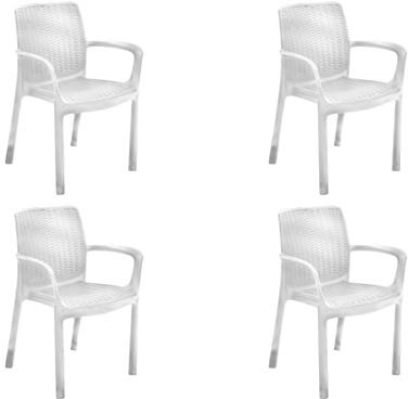 Keter Bali - Pack x4 Silla jardín para Interior y Exterior con reposabrazos Ideal para Jardines y terrazas, apilable, Resina con Acabado de ratán Plano, Color Blanco