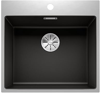 BLANCO SUBLINE 500-IF/A SteelFrame | Granitspüle aus SILGRANIT schwarz | Einbau von Oben & Flächenbündig | für 60 cm breite Unterschränke | gerahmt in Edelstahl | mit Armaturenbank | ohne Exzenter