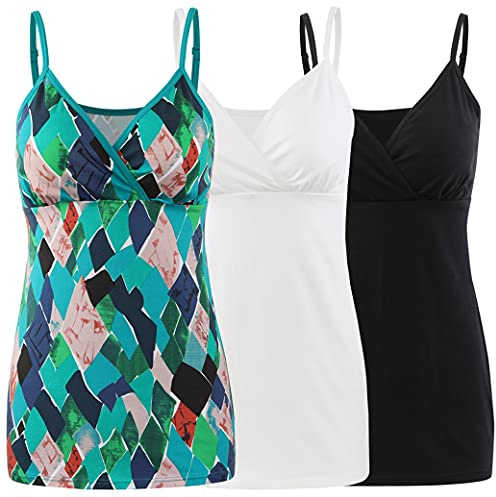 COLOMI Amning tanktops för moderskap integrerad bh för amning grundläggande kamisole, Svart+vit + grönt tryck/3-pack, S