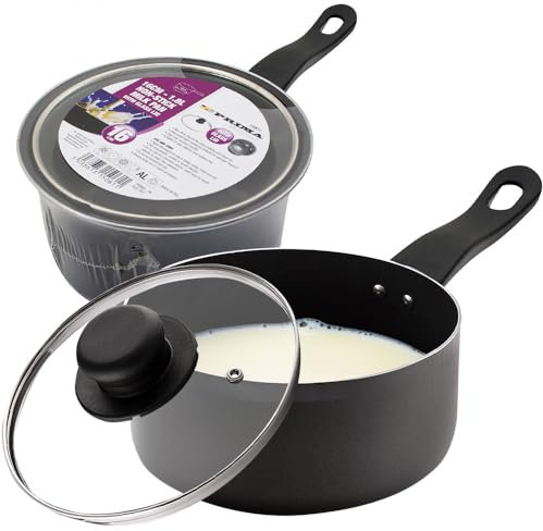 16cm Milk Pan + Glass Lid - Sauce Pot Tea Handle Kitchen Non Stick Cookware | Easy to Clean | Stay Cool Wooden Handle | Boil Eggs, Warming Milk