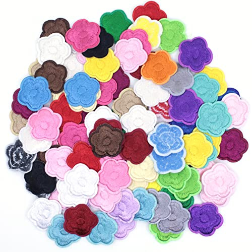 100pcs Colored Flowers Iron on Patches Sew on Embroidery Applique Patches for Arts Crafts DIY Decor, Jeans, Jackets, Clothing, Bags(Rose/Sun Flower/Butterfly Decorative Patch)