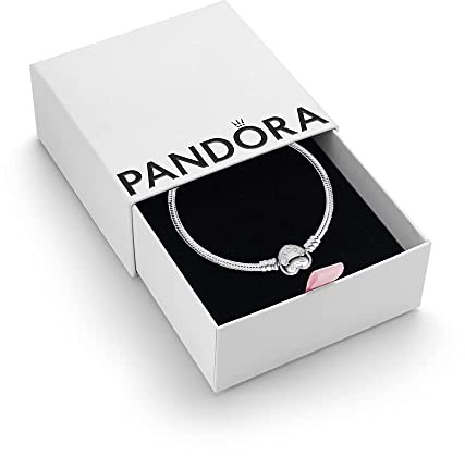 PANDORA Moments Women's Sterling Silver Heart Clasp Snake Chain Bracelet for Charms, Size 21, With Gift Box