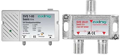 Axing SVS 1-00 Satelliten-Breitbandverstärker (25dB, 47-2200 MHz) & SVE 20-01 2-Fach SAT-Verteiler Splitter mit DC-Durchgang für Satelliten-Anlagen Unicable DVB-T2 HD (5-2400 MHz) Class A