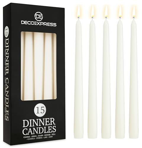 DECO EXPRESS Bougies Pointues Lisses, Lot de 15, Anti-Gouttes et Sans Parfum, Bougie Longue Durée 8h, Saint Valentin et Fetes des Mères Decoration Maison, Idee Cadeau (Blanc - Lot de 15)