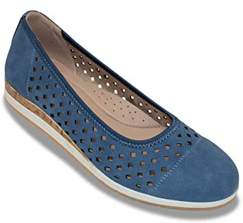 Dr Keller Ladies Wide E Fit Punchwork Ballerina Shoes – Nubuck Effect Comfort Flats with Cutwork & Cork Wedge Trim Navy 8