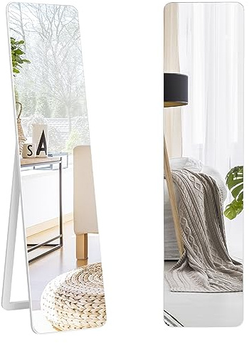 HOMASIS Specchio per corpo intero in piedi, specchio da parete rettangolare con cornice in legno, specchio spogliatoio con protezione anti-schegge, 37 x 45 x 155 cm, specchio per armadio per camera da