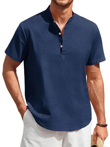 Enlision Camicie Lino Uomo Manica Corta Estive Blu Scuro Magliette Senza Colletto Coreana Serafino Uomo Casual Eleganti T Shirt con 3 Bottoni Abbigliamento Taglie Forti XL